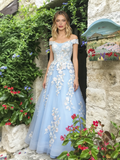 Light Blue Off The Shoulder A Line Appliques Prom Dress