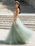 Tulle Pink Appliques Light Green A Line Prom Dress