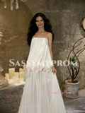 Satin & Chiffon A Line Strapless White Wedding Dress