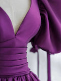 Puffy Sleeve Backless Satin Purple Backless Prom Dress