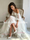 Long Sleeve Appliques Tulle One Shoulder Wedding Dress