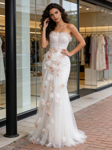 Strapless A Line Ruffles Tulle Flower Prom Dress