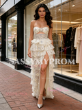 Champagne Flower Beading Cut Out Prom Dress With Slit
