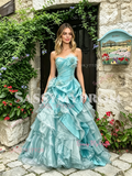 Blue Sweetheart Ruffles A Line Floral Layers Prom Dress