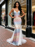 Colorful Lace Spaghetti Straps Meash Trumpet Mermaid Prom Dress