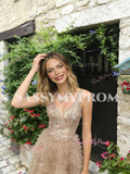 V Neck Layers Champagne Tulle Beading A Line Prom Dress