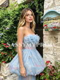 Light Blue Sweetheart Beading Flower Tulle Prom Dress