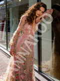 Pink Lace A Line V Neck Long Sleeve Floral Prom Dress