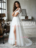 A Line Tulle Cap Sleeve Sheer Scoop Wedding Dress With Slit