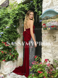 Strapless Sequin Silver Burgundy Trumpet Mermaid Prom Dress