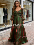 Long Sleeves 2 Colors Organza Green A Line Prom Dress