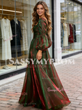 Long Sleeves 2 Colors Organza Green A Line Prom Dress