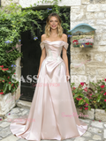 Pink Off The Shoulder Appliques Ruched A Line Prom Dress