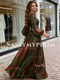 Long Sleeves 2 Colors Organza Green A Line Prom Dress