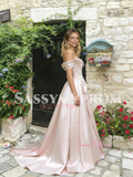 Pink Off The Shoulder Appliques Ruched A Line Prom Dress