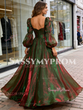 Long Sleeves 2 Colors Organza Green A Line Prom Dress