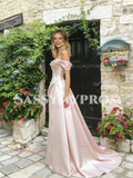 Pink Off The Shoulder Appliques Ruched A Line Prom Dress