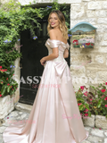 Pink Off The Shoulder Appliques Ruched A Line Prom Dress
