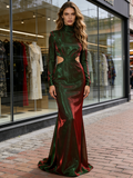 Long Sleeve Cut Out Organza Trumpet High Neck Mermaid Prom Dress