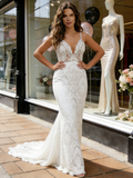 V Neck Trumpet Mermaid Lace Sweep Train Wedding Dress