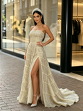 Strapless Tulle A Line Champagne Tassel Prom Dress With Slit