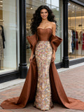 Train Off The Shoulder Sheath Column Brown Detachable Prom Dress