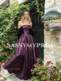 Long Sleeves Ball Gown Purple Satin Prom Dress