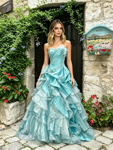 Blue Sweetheart Ruffles A Line Floral Layers Prom Dress