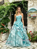 Blue Sweetheart Ruffles A Line Floral Layers Prom Dress