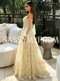Long Sleeve Yellow Off The Shoulder A Line Prom Dress