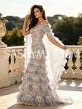 Ombre Sequin V Neck A Line Cape Ruffled Prom Dress
