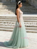 Tulle Pink Appliques Light Green A Line Prom Dress