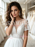 A Line Tulle Cap Sleeve Sheer Scoop Wedding Dress With Slit