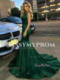 Dark Green V Neck Trumpet Mermaid Satin Prom Dress
