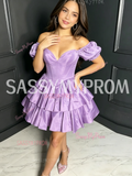 Sweetheart Neck Lilac Satin Layered Mini Short Sleeve Homecoming Dress