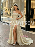 Strapless Tulle A Line Champagne Tassel Prom Dress With Slit