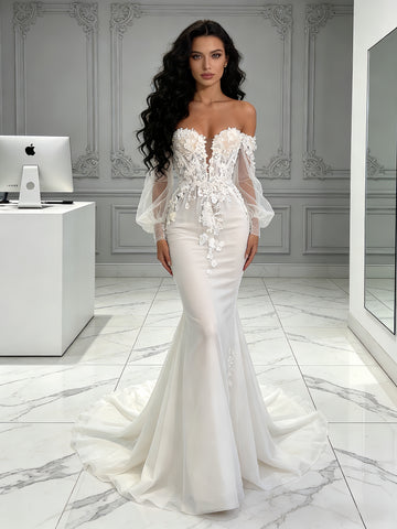 long sleeve off the shoulder trumpet wedding dress Lace Wedding Dress 2026 Mermaid Applique Off-the-Shoulder Ivory Long