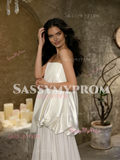 Satin & Chiffon A Line Strapless White Wedding Dress