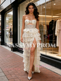 Champagne Flower Beading Cut Out Prom Dress With Slit