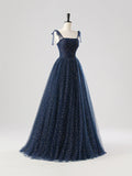 Spaghetti Strap Sequin Navy Tulle Sparkle Prom Dress