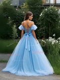 Off The Shoulder Pleats Blue Tulle A Line Prom Dress