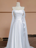 White Satin Ruched Shawl A-Line Wedding Dress