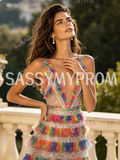 V Neck Rainbow Sequin A Line Backless Tulle Prom Dress