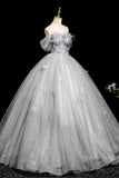 Butterfly A Line Off The Shoulder Gray Tulle Sequins Prom Dress