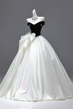 A Line Navy Velvet & White Satin Long Prom Dress