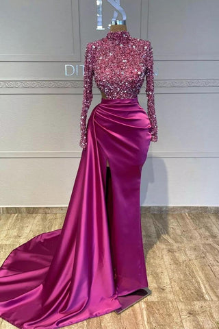 Long Sleeve Beaded Satin Mermaid Prom Dress with High Slit