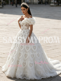 Beading Heart Off The Shoulder Ruffles Ball Gown Prom Dress