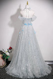 Sequins & Blue Butterfly A Line Silver Prom Dress