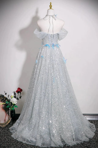 Sequins & Blue Butterfly A Line Silver Prom Dress Sassymyprom Sequins & Blue Butterfly A Line Silver Prom Dress Sassymyprom