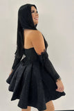 Sweetheart Sparkle Black Satin Long Sleeve Homecoming Dress